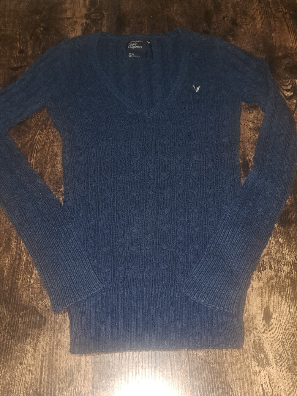 Vintage Y2K American Eagle M Blue  Cable Knit V-Neck Sweater